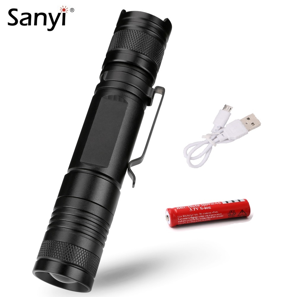Sanyi XML 전술 손전등, USB 충전, 18650 클립, 포켓 라이트, 낚시용 휴대용 랜턴, 방수 5 가지 모드 LED 토치